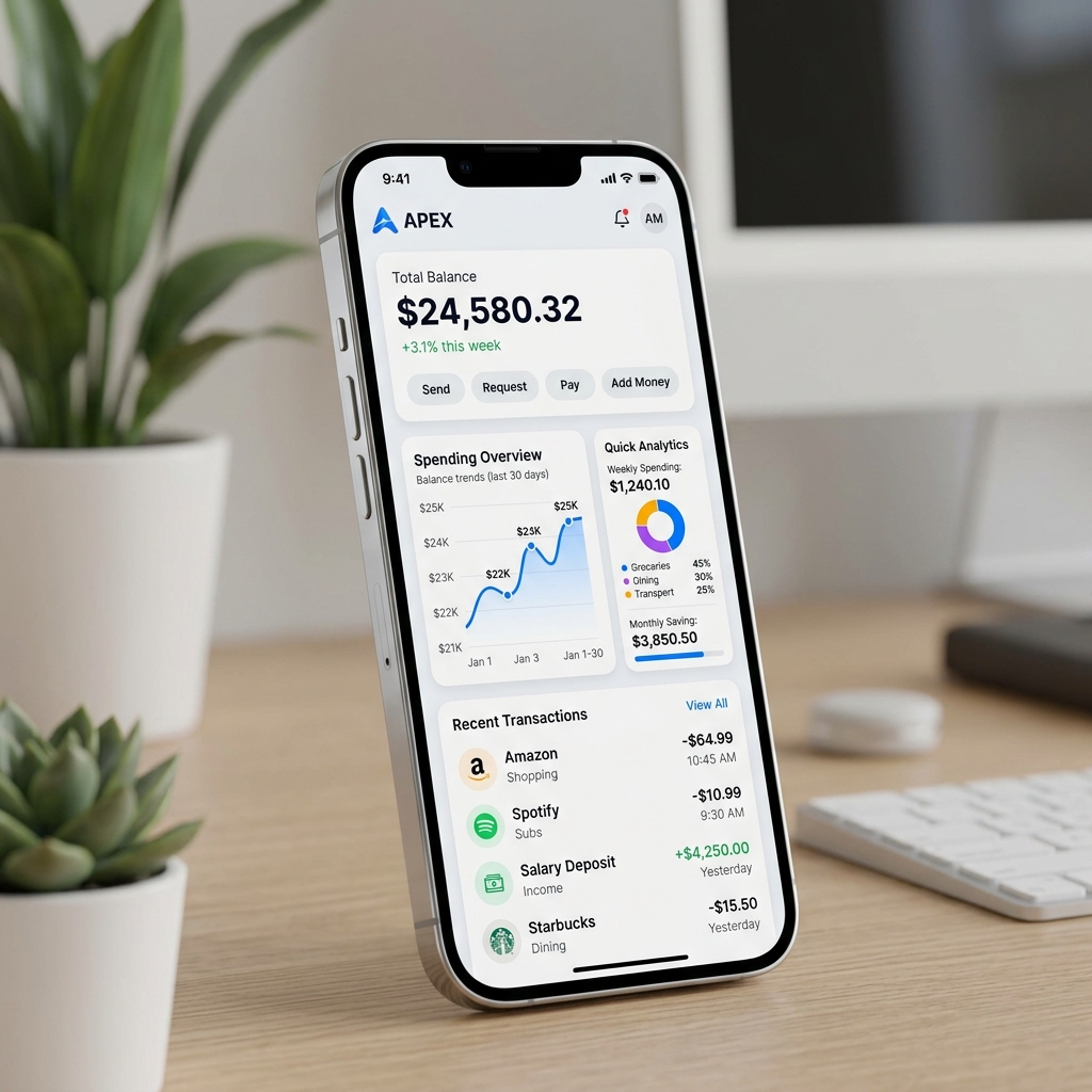 Premium minimalist mobile banking app interface visual showing conversion metrics and transaction analytics